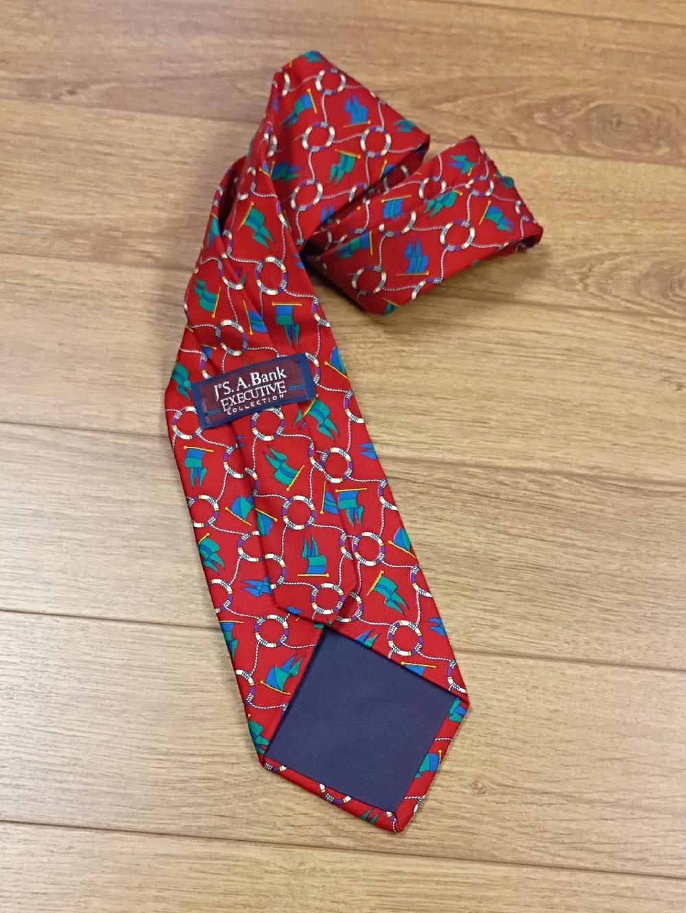 Jos. A. Bank Red Silk Tie with Blue and Green Motifs
